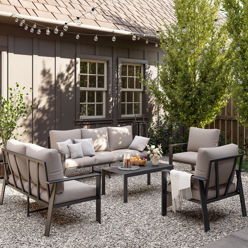 7-Person Sofa Seating Group With Coffee Table, Beige Cushion/Gray Frame