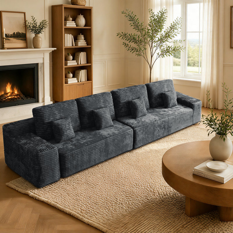 Canapé modulaire en velours côtelé de 135 po de largeur avec siège moelleux en mousse Lazar, capacité de 4 personnes