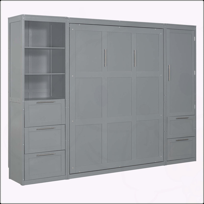 Grand lit escamotable mural avec placard, gris