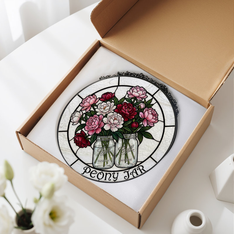 7.8"H Peony Jar Stained Glass Window Panel, 7.8" H x 7.8" W
