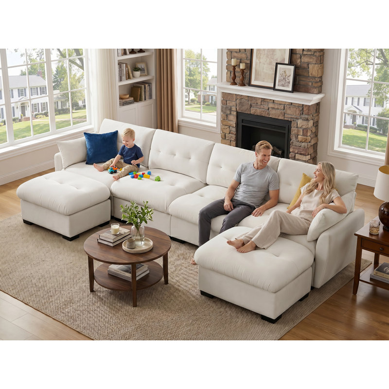141.73'' Modular Upholstered Sectional Sofa For Living Room, Beige Polyester/Fabric