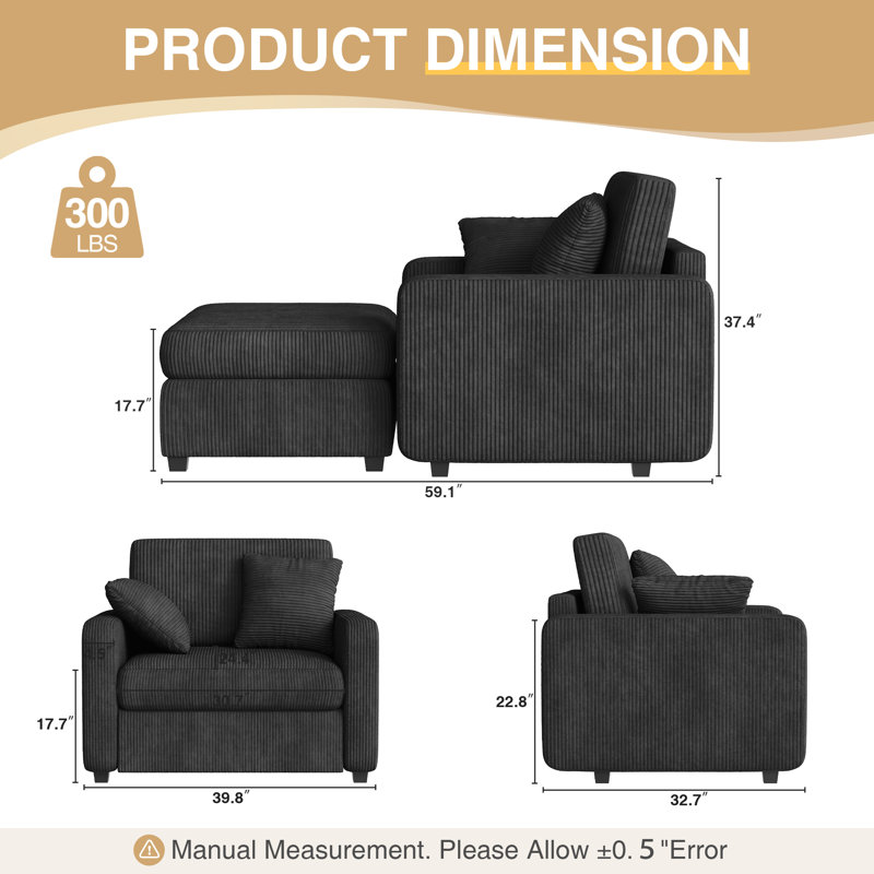 Chaise longue rembourrée avec repose-pieds et deux coussins de 40 po Atlai, Noir