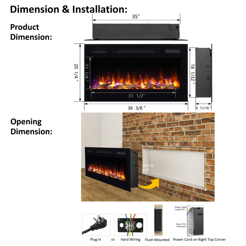 Foyer électrique encastré 36 po Puraflame Alice, H 20,27 po x l 36,38 po x P 5,9 po