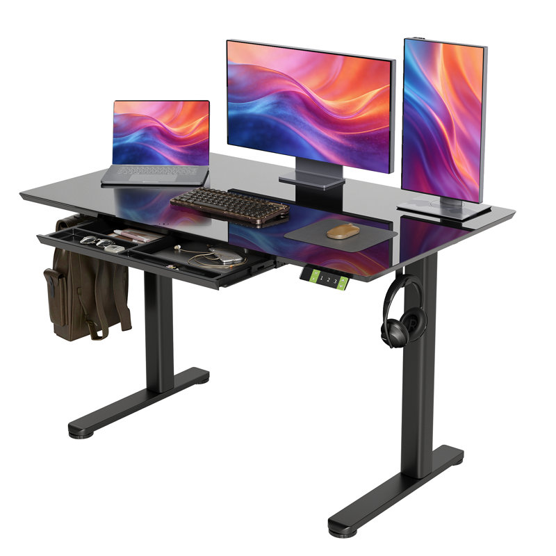 Bureau debout ergonomique réglable en hauteur avec tiroir et crochets Ashya, H 46,4 po x l 48 po x P 24 po, Noir