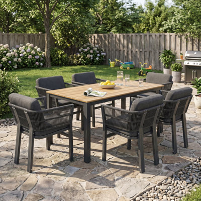 Ensembles de salle à manger de patio moderne, 7 pièces en métal et bois d'acacia pour les repas en famille
