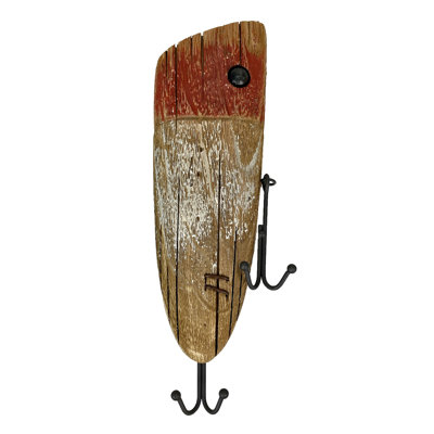Leurre de pêche en bois avec hameçons en métal noir, hameçon mural côtier, orné de touches de rouge, hauteur 35,5 cm (14 pouces).