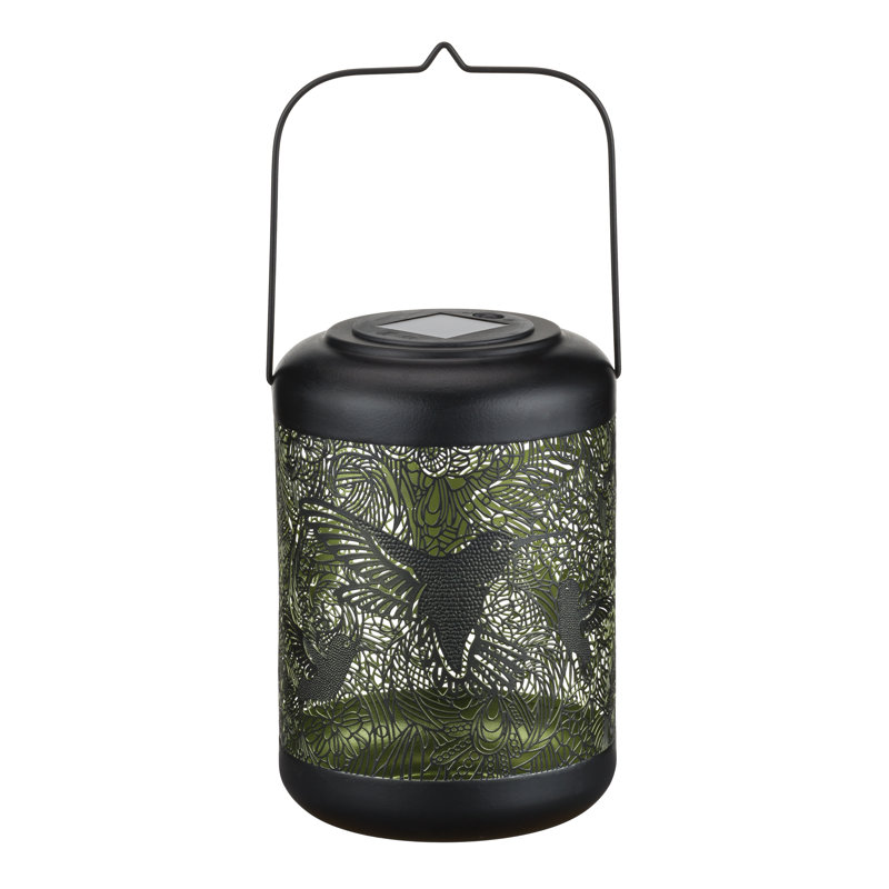 14.5 Inch Metal Solar Powered Outdoor Shadow Lantern with Decorative Cutout Patterns and Hanging Handle, Green