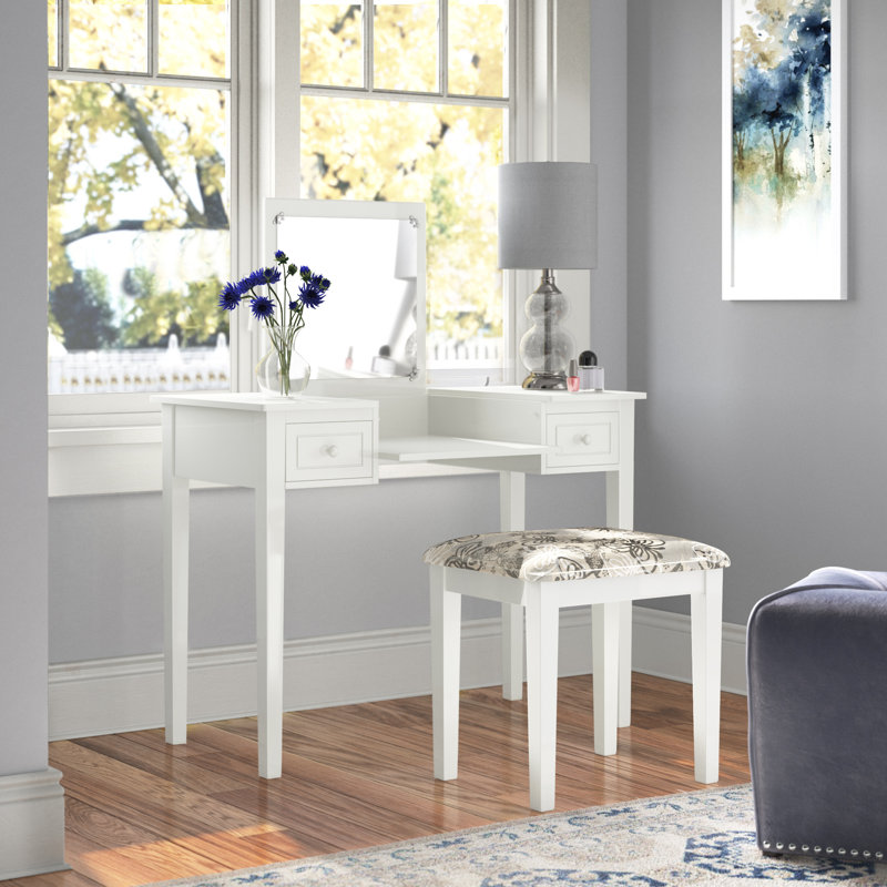 Coiffeuse à plateau avec miroir rabattable, 2 tiroirs et tabouret à motif de papillons 36 po Fidelmar, Blanc