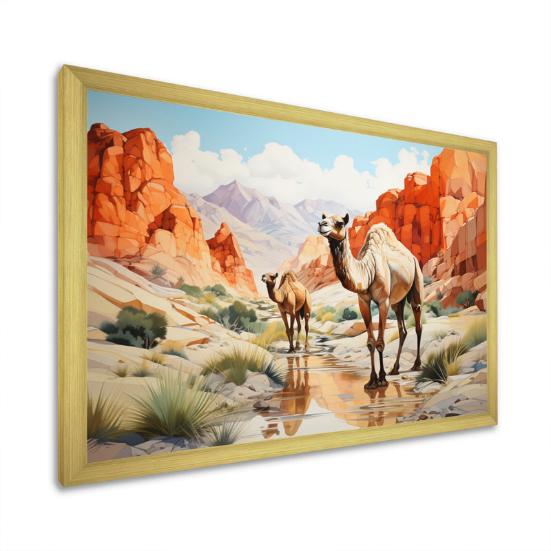 «Camel Desert Wanderer Geometric», reproduction sur toile, H 16 po x l 32 po x P 1 po, Cadre doré à une seule photo