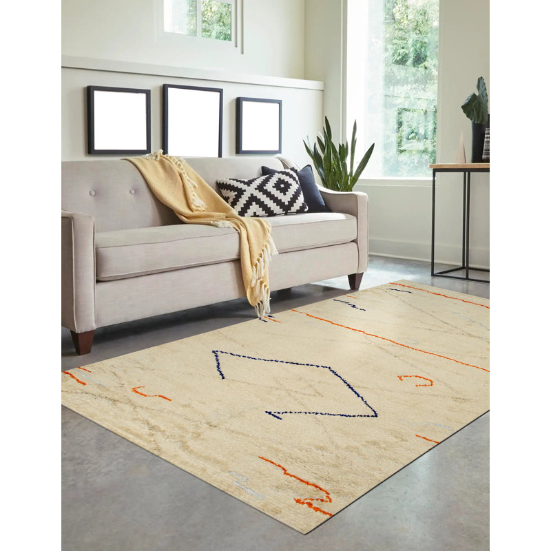 Tapis traditionnel délicat en laine noué à la main beige marocain, Rectangle 9 pi x 12 pi