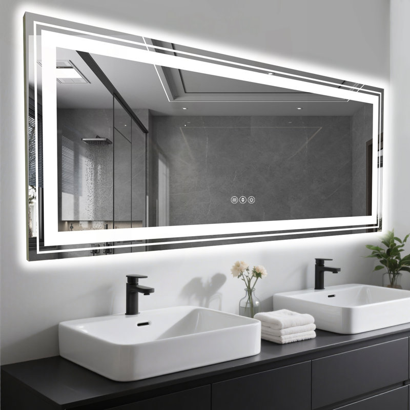 Miroir de salle de bain intelligent sans cadre à DEL, 32" H x 84" W, Rectangle
