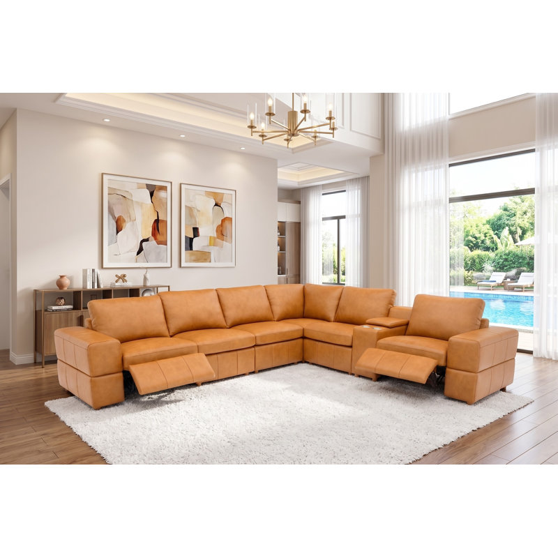 Thameskinsbury Leather Match Reclining Modular Sectional, Ginger Leather Match