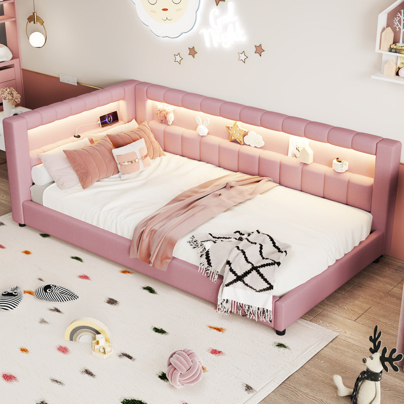 Upholstered Twin XL Platform Bed with LED Lights & Built-in USB Charging Ports, Pink, Pink, Twin XL