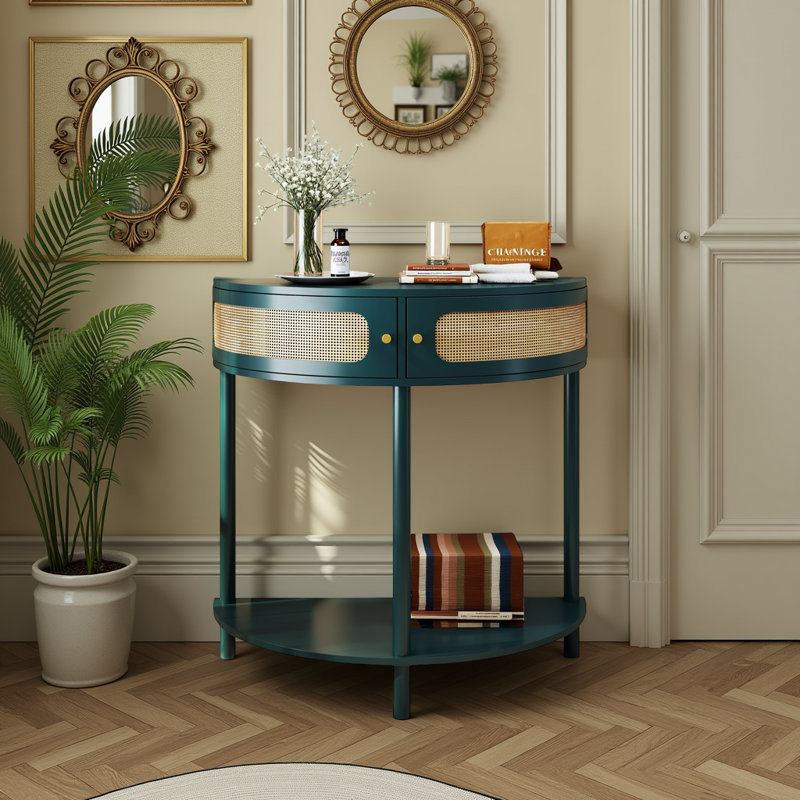 Elegant Semi-circle Entryway Console Table with 2 Rattan Storage Cabinet,Boho Half Moon End Table – Handwoven Rattan Doors + Curved Design – 2-Drawer Entryway Console w/Bottom Shelf