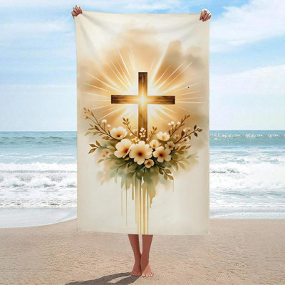 Croix dorée avec fleurs et grande serviette de plage légère, serviettes de bain surdimensionnées sans sable pour adultes pour le pique-nique du camping, 30 x 60 po