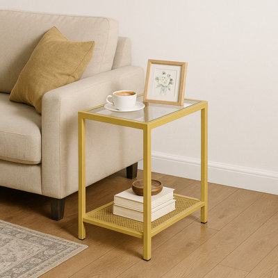 Harrower Gold Glass Side Table with Storage Shelf End Table Living Room Furniture
