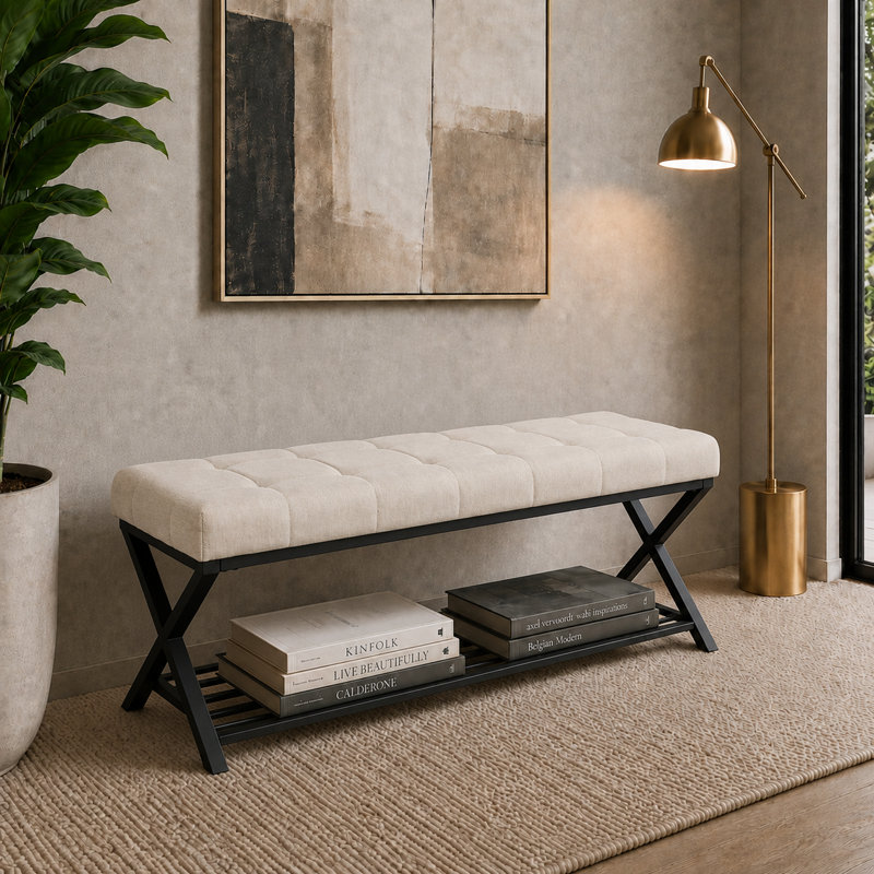 Banc rembourré avec rangement pour chaussures Richia, Lin beige