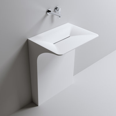 Évier à piédestal mural moderne Modern, évier vasque flottant une pièce avec drain linéaire caché, blanc mat