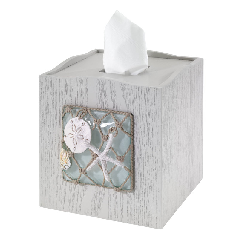 Whitewashed Wood Nautical Tissue Box Cover with Resin Insert