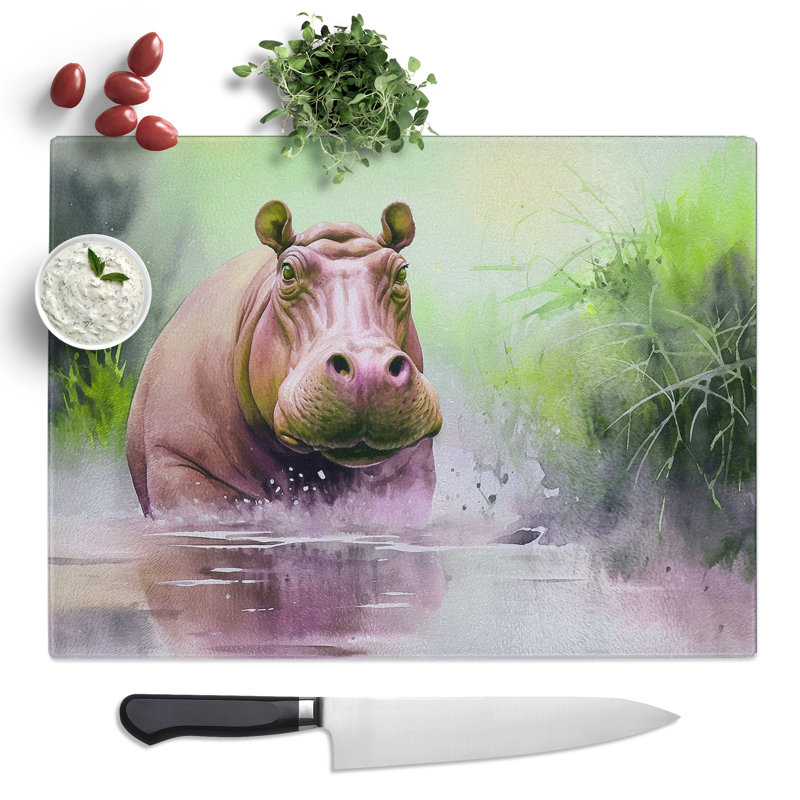 Hippo Watercolour  Glass Chopping Board