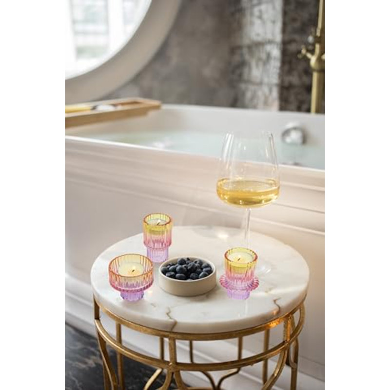 Glass Candlestick Holders Tealight Candle Holders For Table Centerpieces, Wedding Decor And Dinner Party (3 Pcs, Purple-Pink-Yellow)