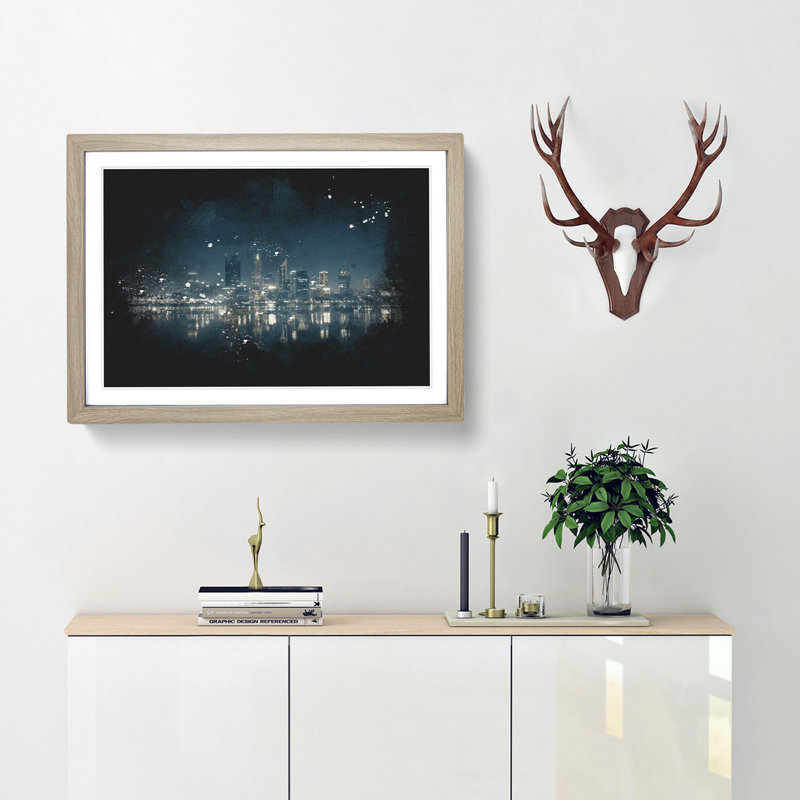 Perth City Skyline Australia at Night - Picture Frame Graphic Art Print, 33cm H x 45cm W x 2cm D, Oak Framed