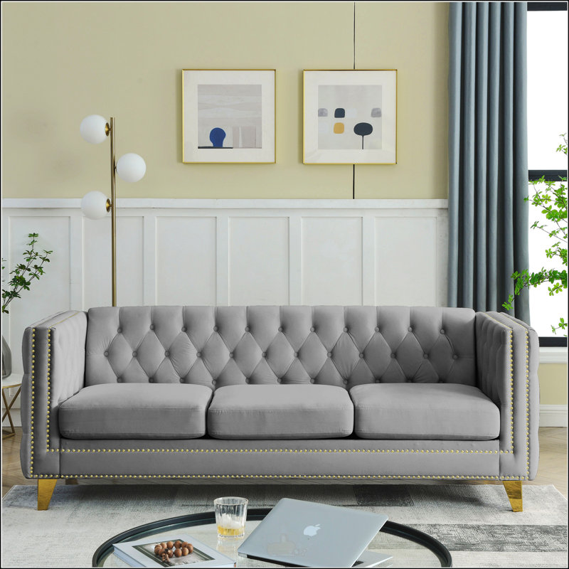 Canapé en velours, Gris, H 29 po x l 80,5 po x P 30,5 po, 3
