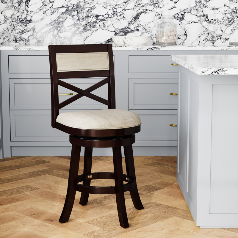 Tabouret pivotant de 24 po à hauteur de comptoir avec siège en tissu beige et doux, Siège beige / structure espresso