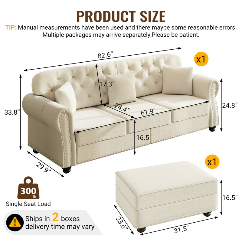 Canapé Chesterfield en velours 82,6 po, Beige et blanc