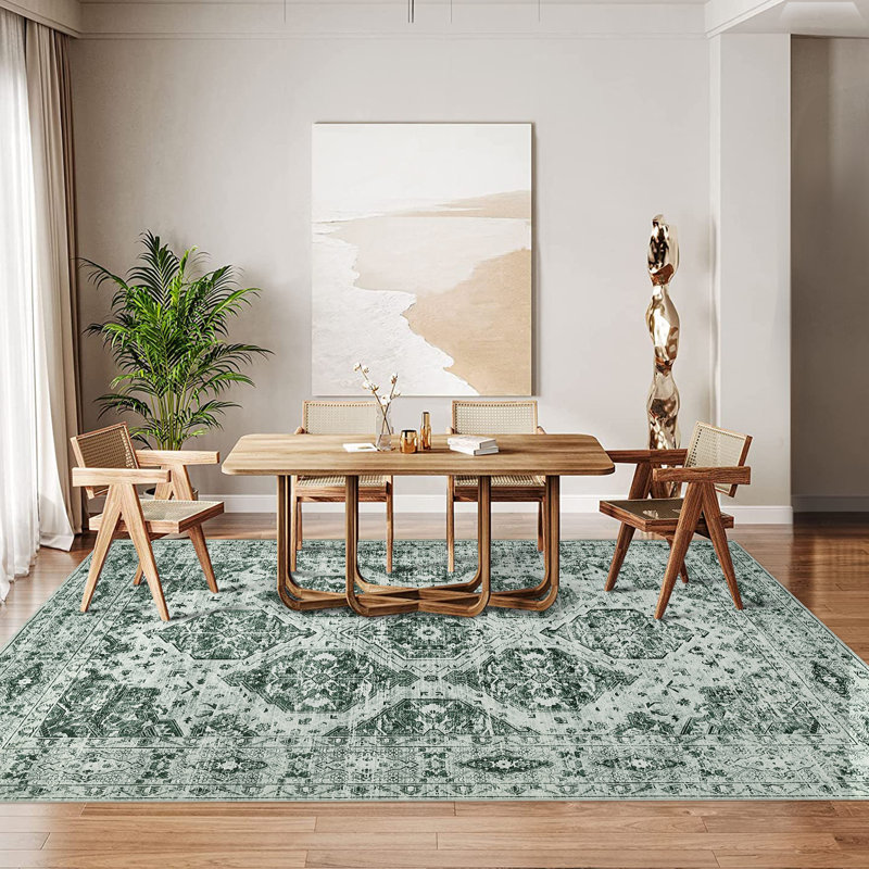 Ultra-Thin Vintage Area Rug - Irregular Medallion, Non-Slip, Floral Design - Low Pile Carpet for Living Room, Bedroom, Dining Room, Farmhouse Decor