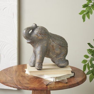 Skyelee Paper Mache Handmade Distressed Carved Elephant Decorative culpture with Wood Inspired Accents