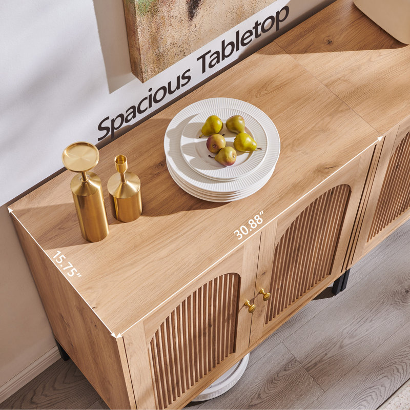 Buffet moderne cannelé avec rangement, Naturel, Two pieces, H 34 po x l 61,76 po x P 15,75 po