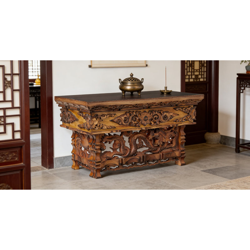 Table d'autel pliante en bois sculptée à la main pour la méditation, la prière et la cérémonie du thé | Conception de dragon en bois de sheesham | Compact Sanctuaire et table d'appoint