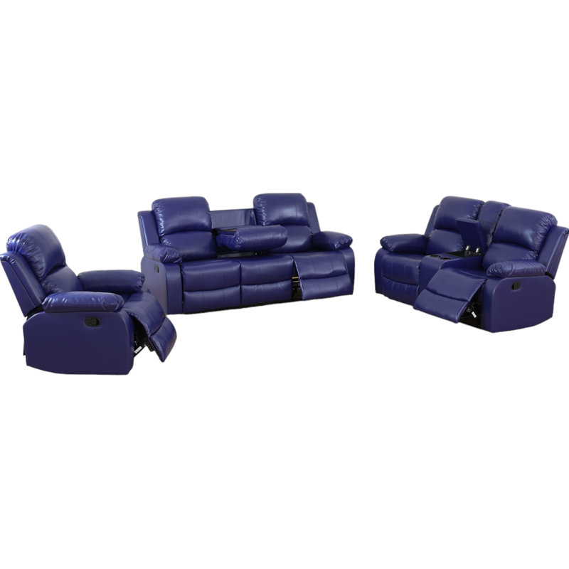 Ensemble de canapé de salon inclinable en cuir 3 pièces Vegan, Similicuir bleu