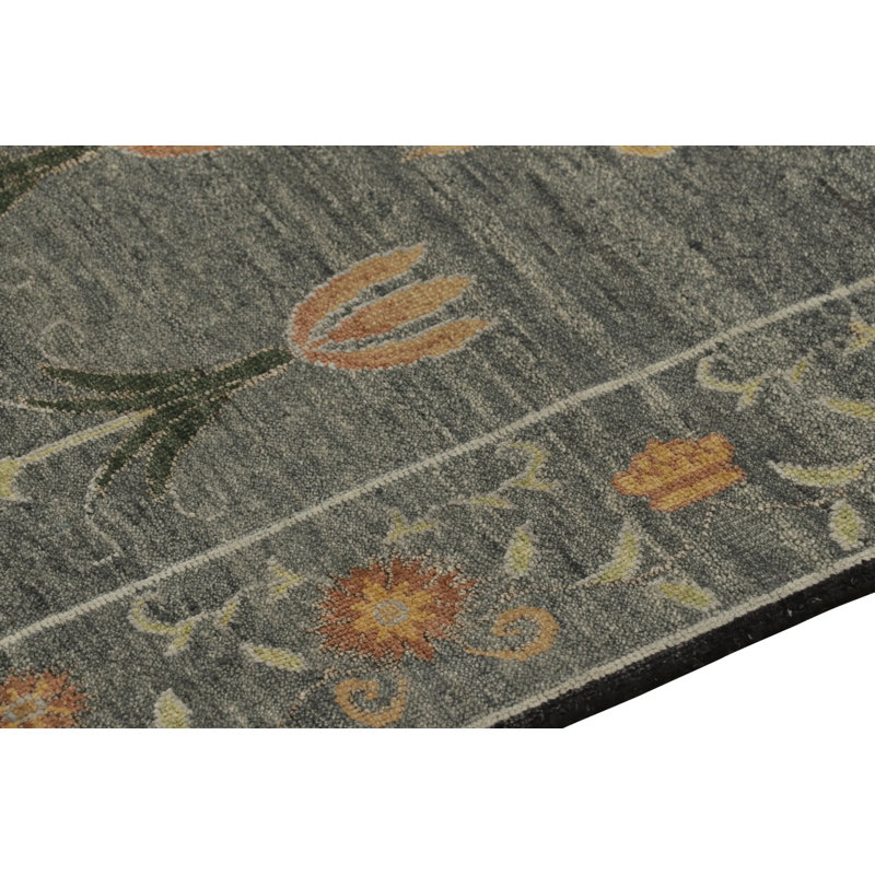 Rug & Kilim’S Block Print Rug, Teal And Gray Tones With Whimsical Floral Pattern, Rectangle 10' x 14'