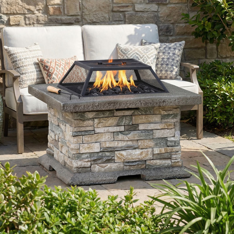 28" Square Mgo Wood Burning Fire Pit Table With Mesh Cover And Fire Poker, Arrives Fully Assembled