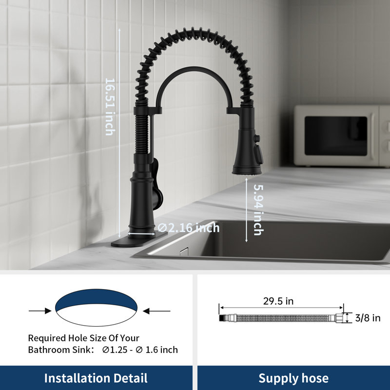 Single-Handle Pre-Rinse Spring Pull Down Sprayer Kitchen Faucet With Power Clean In Spot Resist Stainless, Matte Black