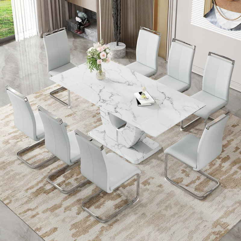 Modern Simple Marble Pattern Tempered glass Dining Table with 8 Light Gray PU Chairs