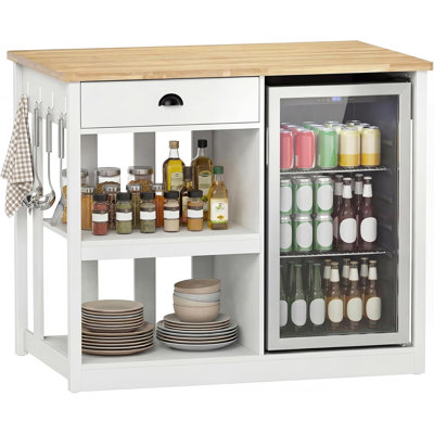 47.2”W White Farmhouse Kitchen Island with Fridge Space and Outlets