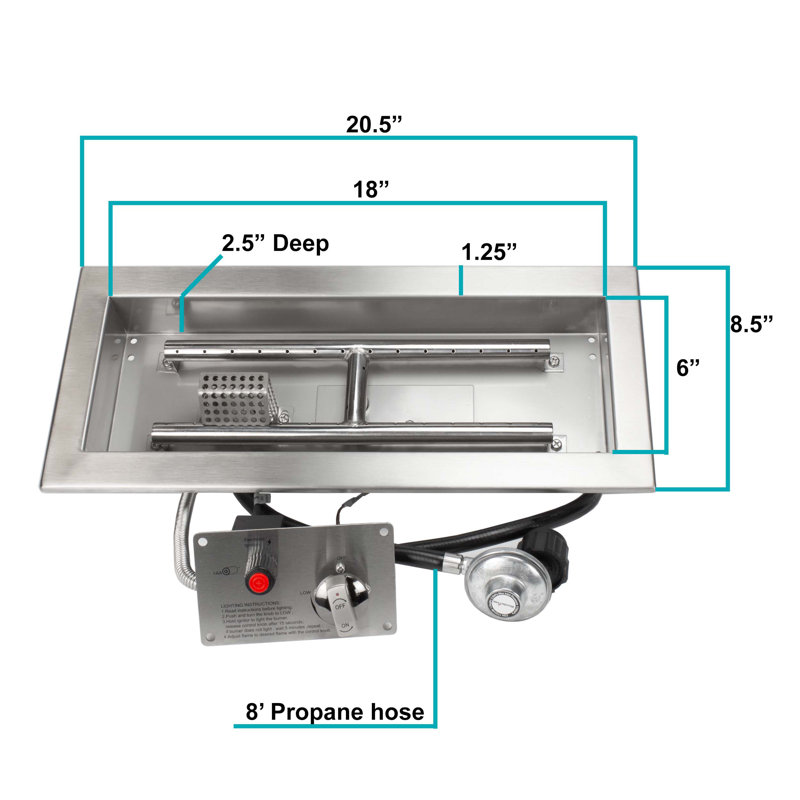 Ensemble de brûleur rectangulaire pour foyer d'extérieur certifié CSA, acier inoxydable, propane, H 2 po x l 18 po x P 6 po