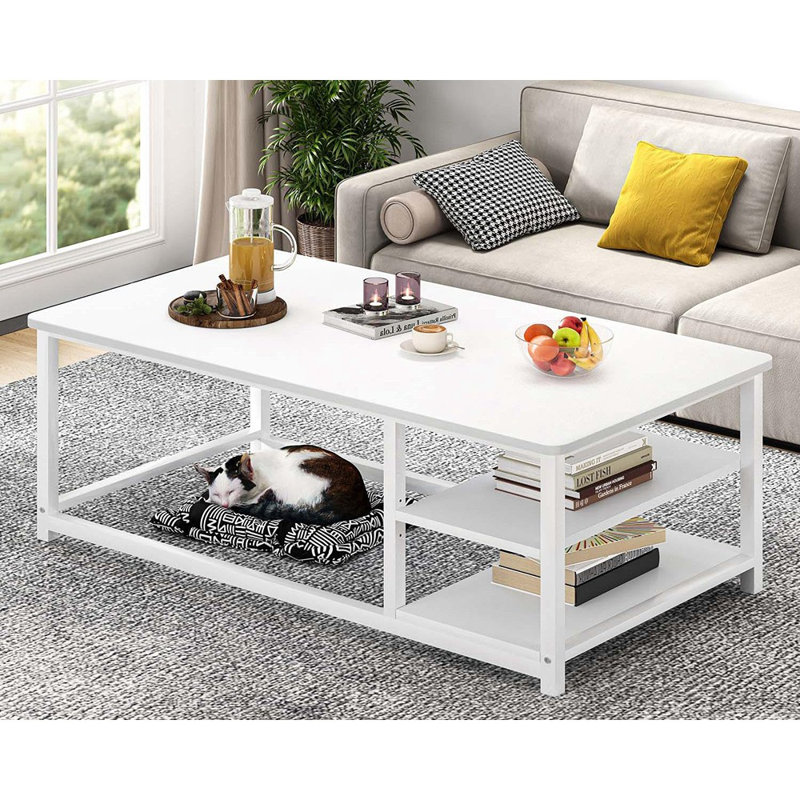 Table basse blanche, centre de table moderne en bois rustique avec rangement pour le salon