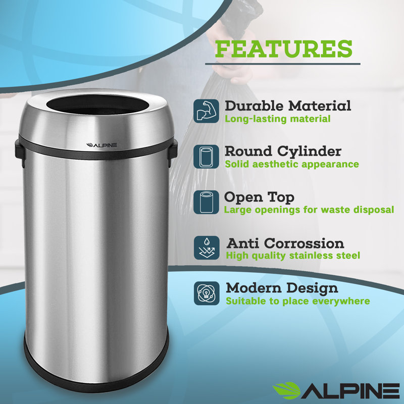17 Gallon Silver Stainless Steel Open Top Trash Can