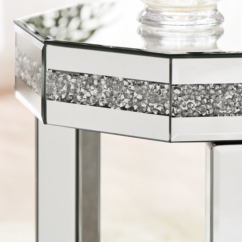 2 tables octogonales en miroir avec cristaux, décor argenté, pour le salon, la chambre à coucher, les petits espaces, l 13,8 po x P 13,8 po x H 21 po, remplisseur acrylique, structure café argenté stable, finition brillante, + verre