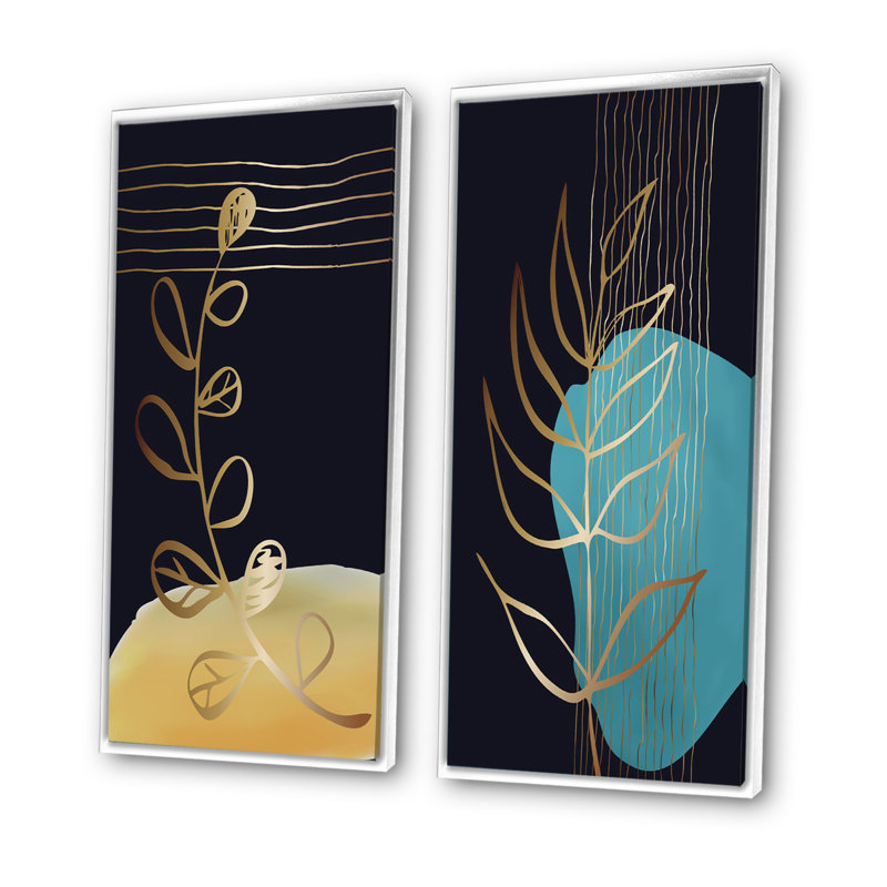 «Botanical Golden Silhouettes on Black I», ensemble de 2 peintures, H 20 po x l 24 po x P 1 po, Cadre blanc