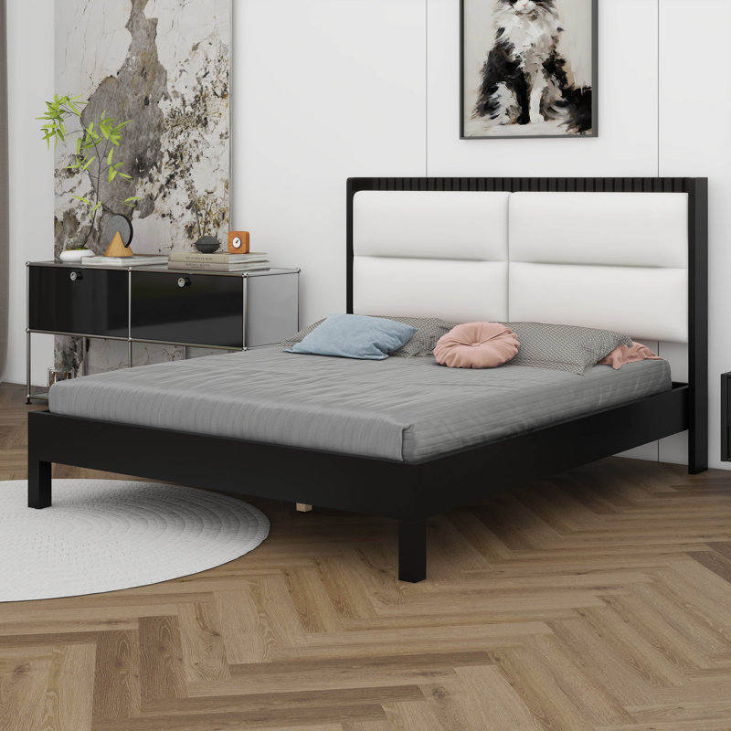 Lit plateforme avec tête de lit tapissier en velours, lit de style Mid-Century moderne avec structure en bois massif, Black