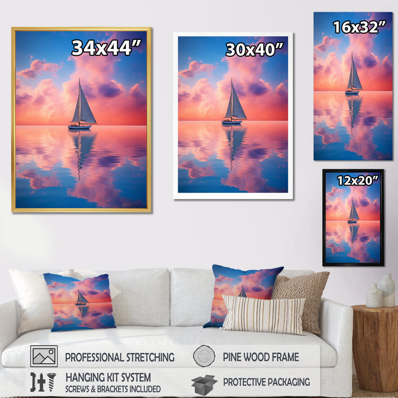 Voilier vibrant rose et coucher de soleil - reproduction sur toile, Cadre naturel flottant, H 20 po x l 12 po x P 1 po