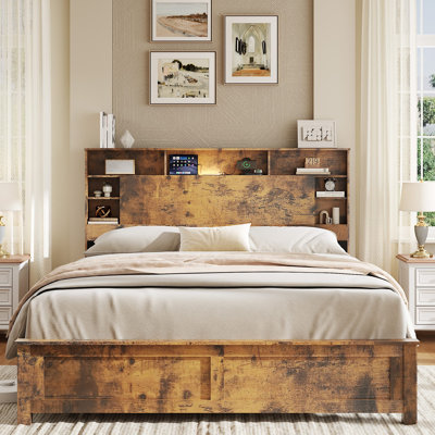 Wood Bed Frame With Storage Headboard - Bed Frame With Charging Station & LED Lights, Wood Bedframe Queen-Size With Bookcase, Platform Beds, No Box Spring Needed