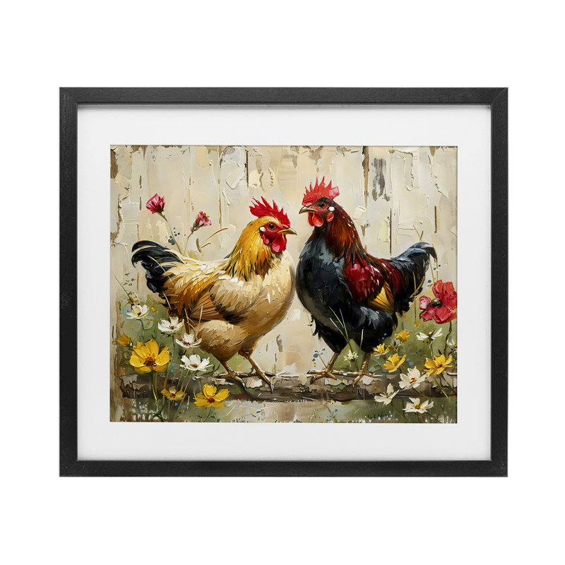 «Country Chic Floral Roosters», reproduction encadrée sous verre, conception par LSR Creative Studio, Cadre noir minuit