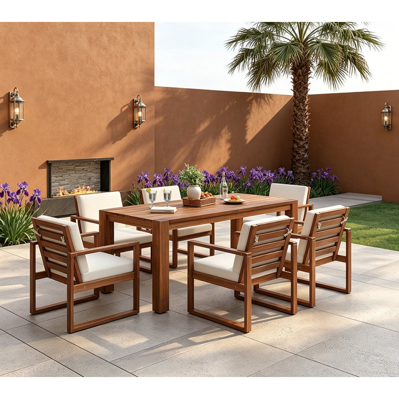  Ensemble de table et chaises de patio, ensemble de salle à manger pour 6 personnes avec trou pour parasol, ensemble de meubles de patio 7 pièces avec cadre en bois et coussin amovible pour le jardin, la cour, la pelouse et la piscine