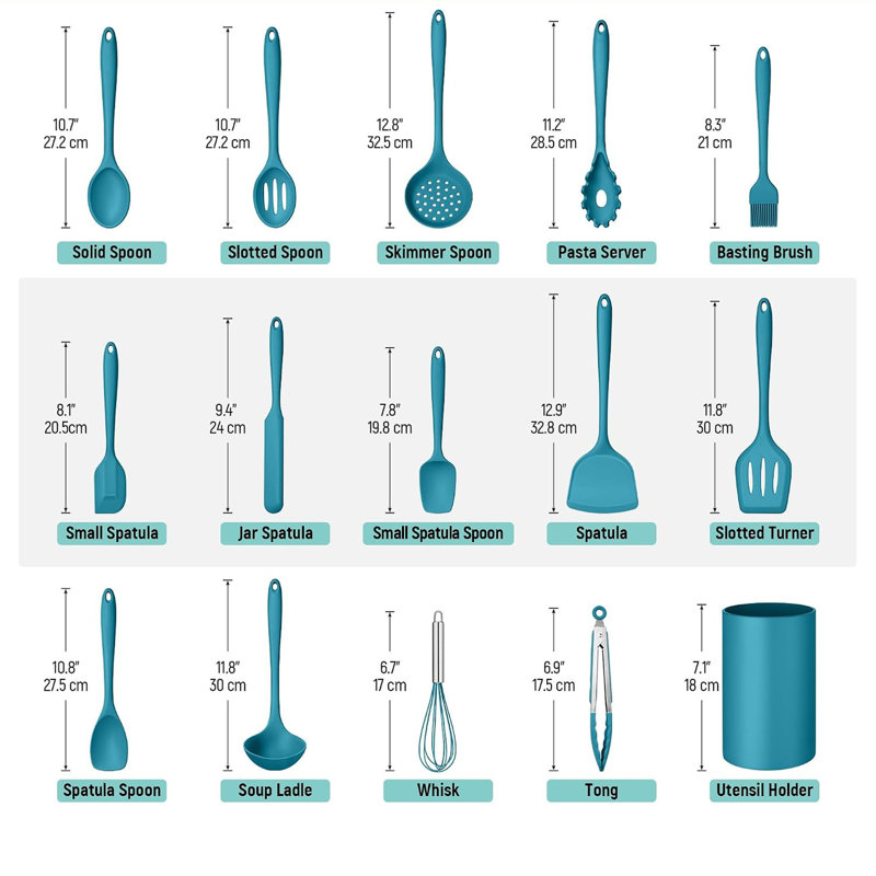 Ensemble de 15 ustensiles de cuisine en silicone, bleu